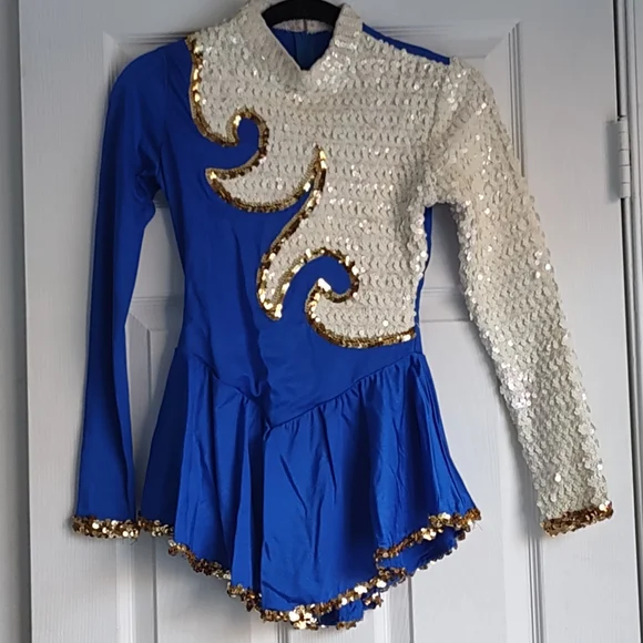 Small Ladies Blue & White Sequin Figure Skating Dress with Gold Trim - Picture 6 of 7